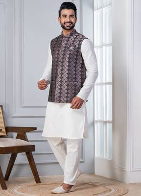  silk blend kurta jacket set for men with embroidered work 3
