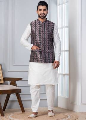  silk blend kurta jacket set for men with embroidered work 4