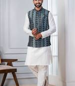  silk blend kurta jacket set for men with embroidered work