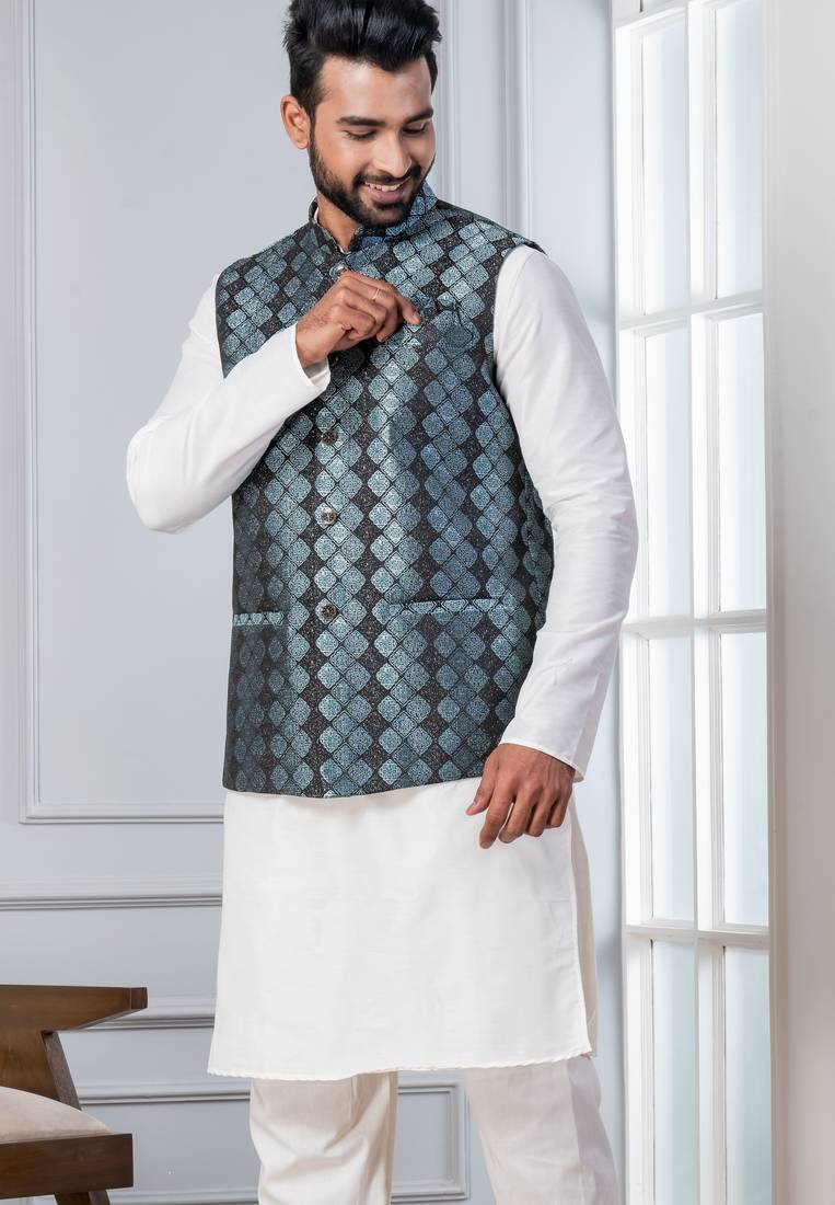  silk blend kurta jacket set for men with embroidered work