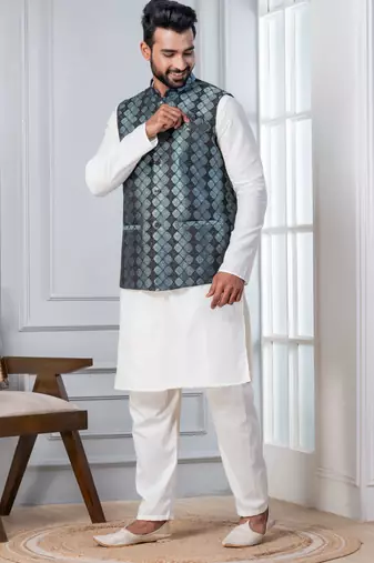  silk blend kurta jacket set for men with embroidered work