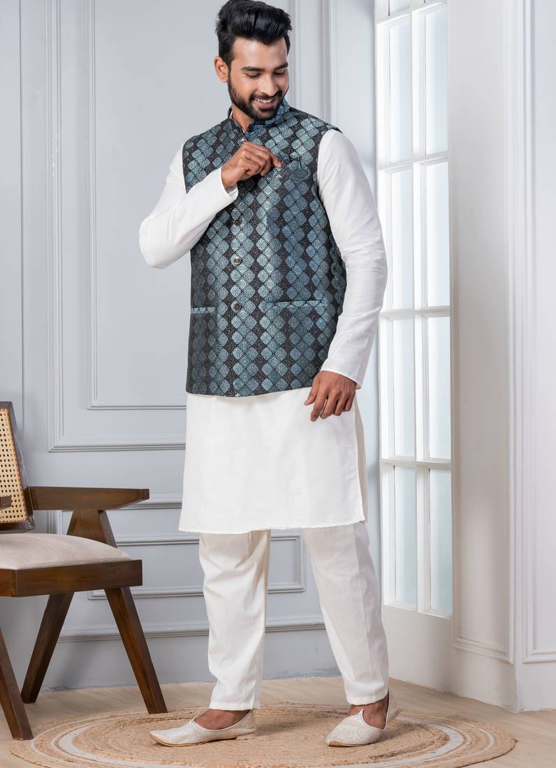  silk blend kurta jacket set for men with embroidered work