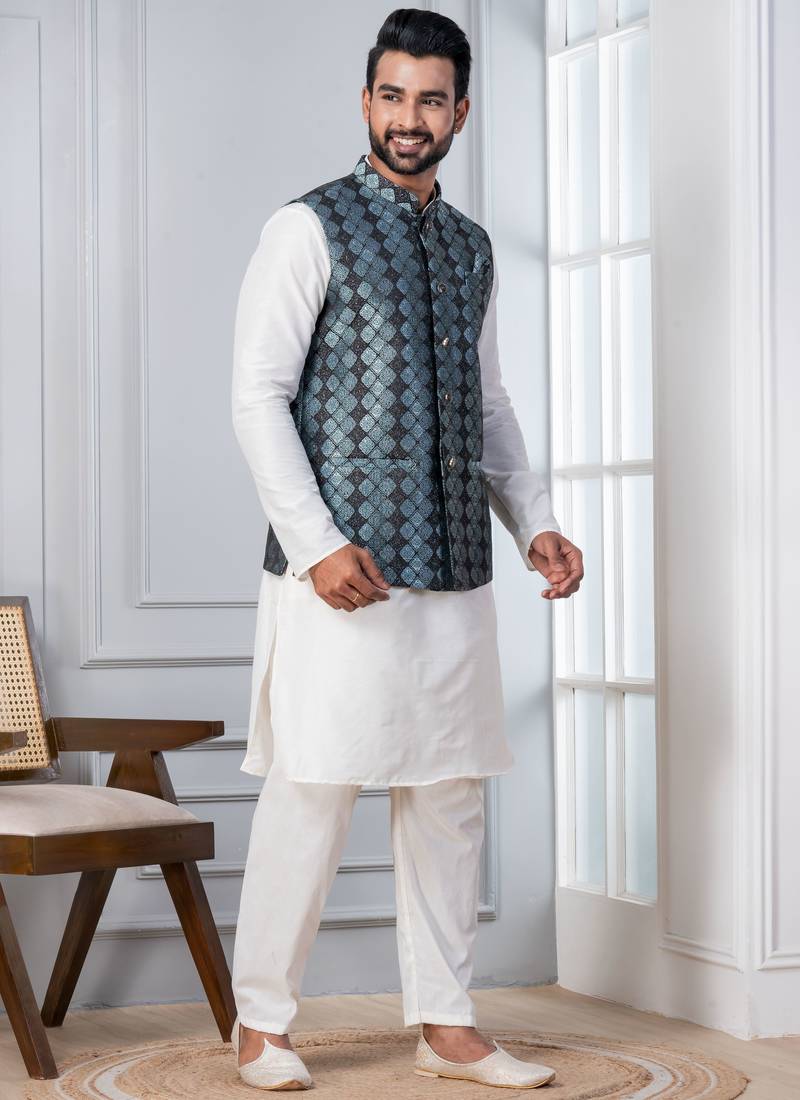  silk blend kurta jacket set for men with embroidered work