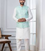 white   silk blend kurta set for men with embroidered work