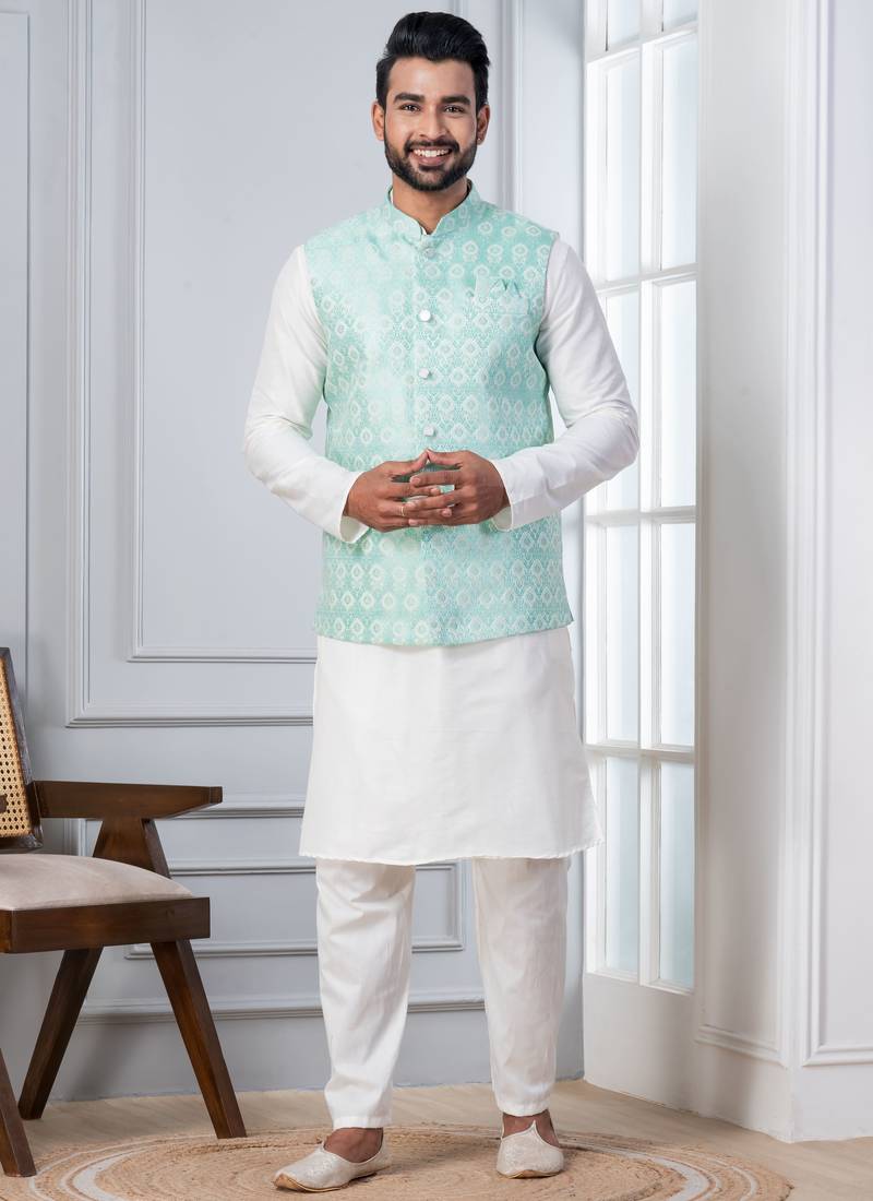 white   silk blend kurta set for men with embroidered work
