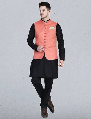 Mens solid black kurta pyjama set with peach jacket 1