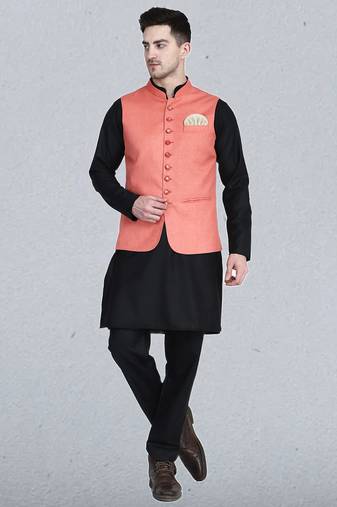 Mens solid black kurta pyjama set with peach jacket
