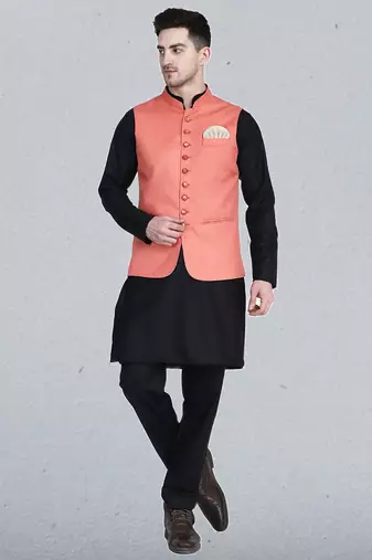 Mens solid black kurta pyjama set with peach jacket
