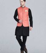 Mens solid black kurta pyjama set with peach jacket