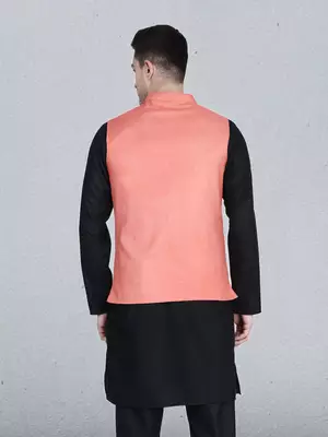 Mens solid black kurta pyjama set with peach jacket 2