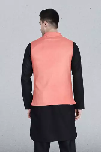 Mens solid black kurta pyjama set with peach jacket