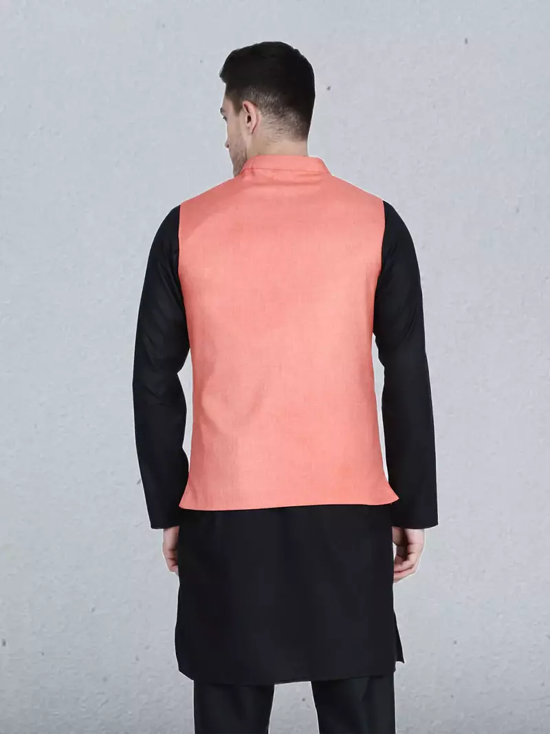 Mens solid black kurta pyjama set with peach jacket