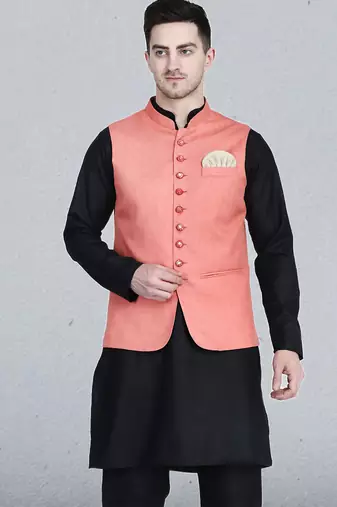Mens solid black kurta pyjama set with peach jacket