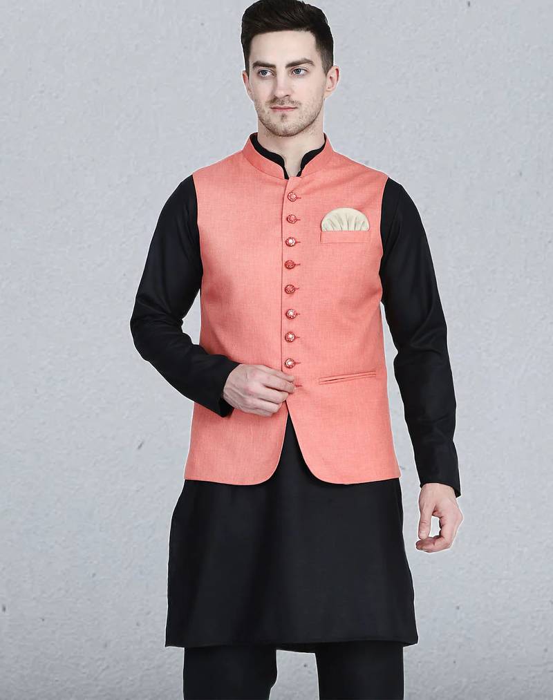 Mens solid black kurta pyjama set with peach jacket