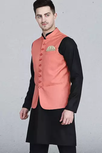 Mens solid black kurta pyjama set with peach jacket