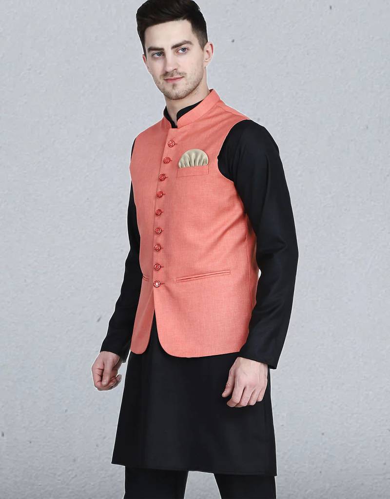 Mens solid black kurta pyjama set with peach jacket
