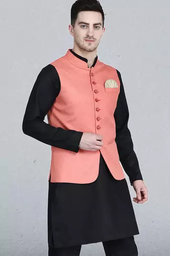 Mens solid black kurta pyjama set with peach jacket