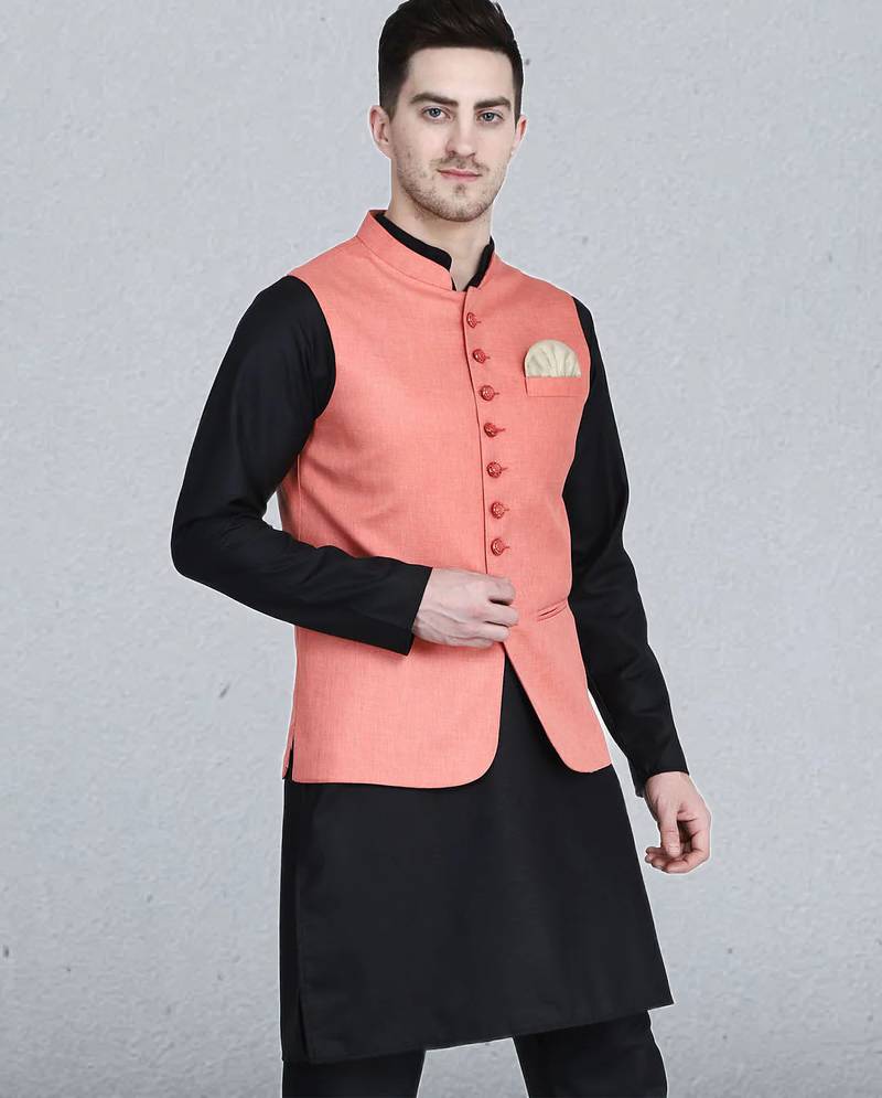 Mens solid black kurta pyjama set with peach jacket