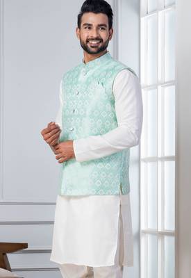 white   silk blend kurta set for men with embroidered work 2