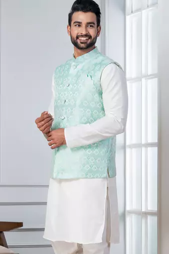 white   silk blend kurta set for men with embroidered work