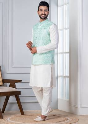white   silk blend kurta set for men with embroidered work 3