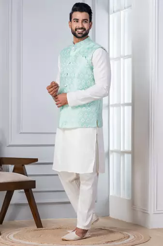 white   silk blend kurta set for men with embroidered work