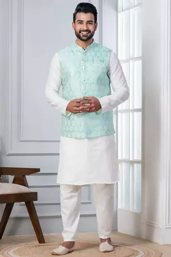 white   silk blend kurta set for men with embroidered work