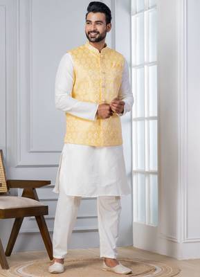  silk blend kurta jacket set for men with embroidered work 1