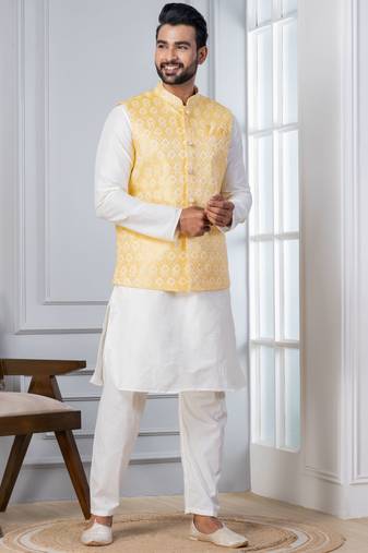  silk blend kurta jacket set for men with embroidered work