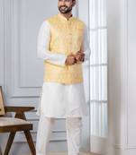  silk blend kurta jacket set for men with embroidered work