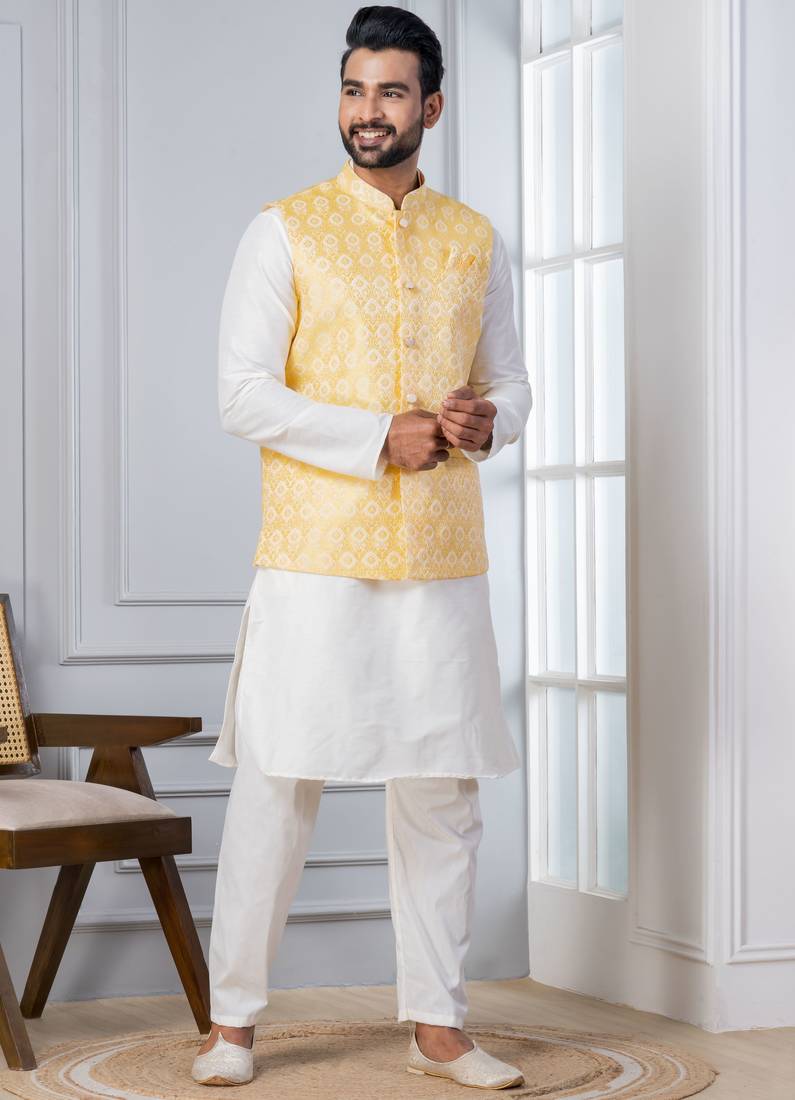  silk blend kurta jacket set for men with embroidered work