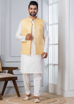 silk blend kurta jacket set for men with embroidered work 2