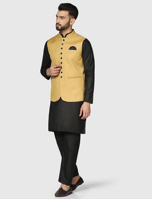 Mens solid black kurta pyjama set with golden jacket 1