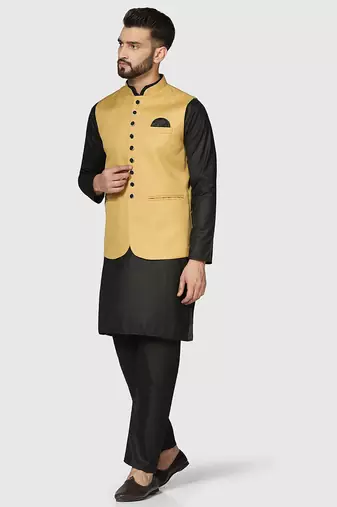 Mens solid black kurta pyjama set with golden jacket