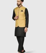 Mens solid black kurta pyjama set with golden jacket