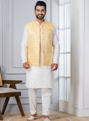  silk blend kurta jacket set for men with embroidered work 3