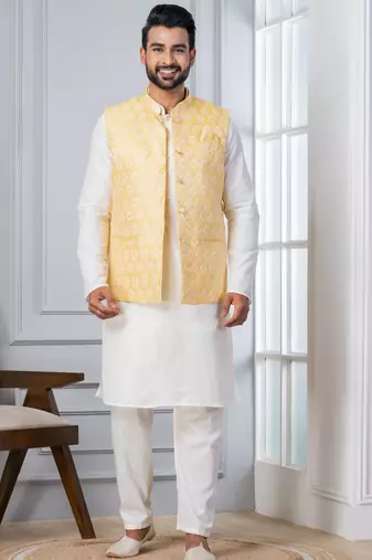  silk blend kurta jacket set for men with embroidered work