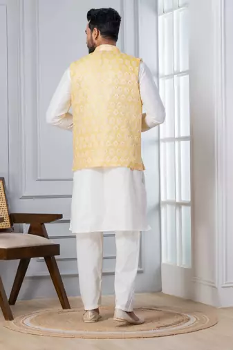  silk blend kurta jacket set for men with embroidered work