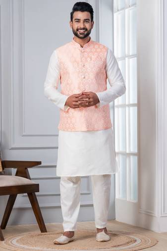 white   silk blend kurta jacket set for men with embroidered work