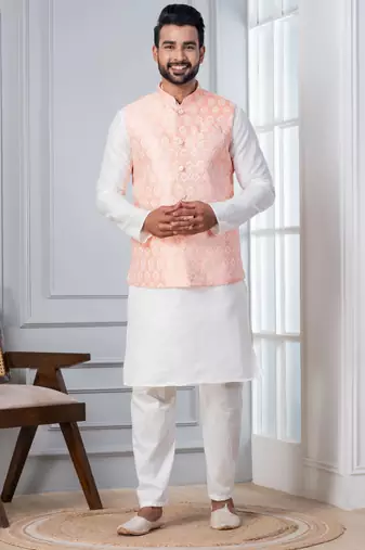 white   silk blend kurta jacket set for men with embroidered work
