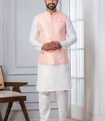 white   silk blend kurta jacket set for men with embroidered work