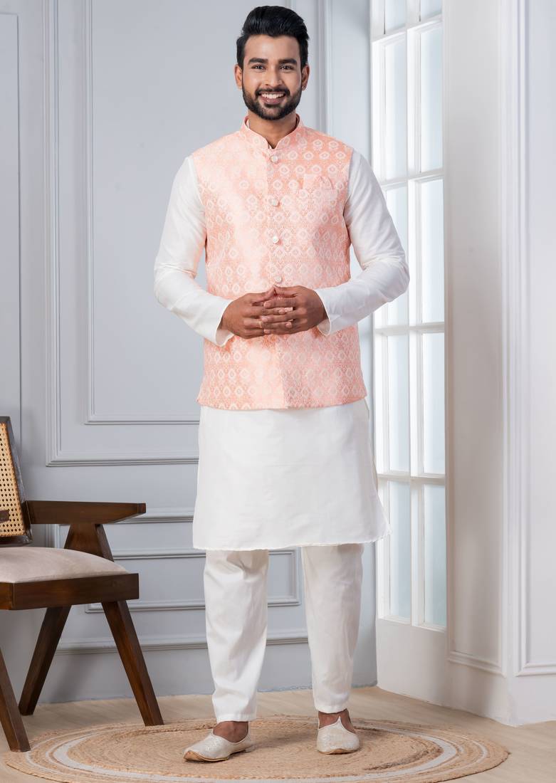 white   silk blend kurta jacket set for men with embroidered work