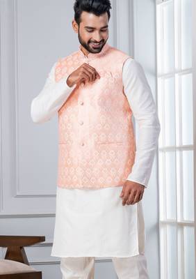 white   silk blend kurta jacket set for men with embroidered work 2