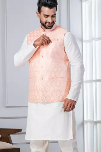 white   silk blend kurta jacket set for men with embroidered work