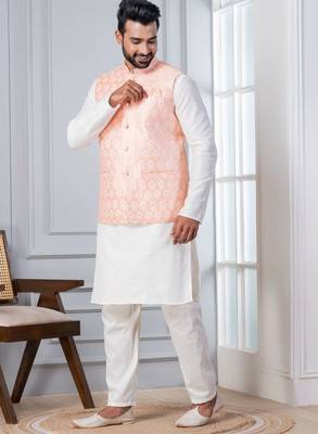 white   silk blend kurta jacket set for men with embroidered work 3