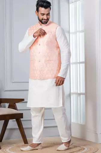 white   silk blend kurta jacket set for men with embroidered work