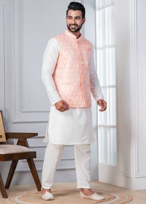 white   silk blend kurta jacket set for men with embroidered work 4