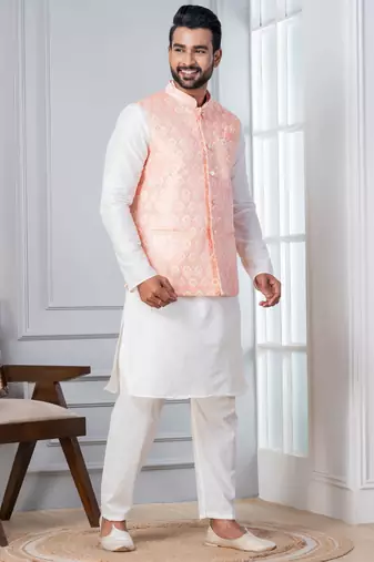 white   silk blend kurta jacket set for men with embroidered work
