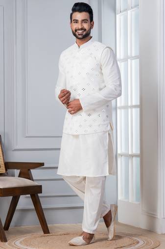 white silk blend kurta jacket  set for men with sequin work