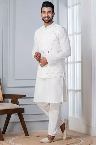 white silk blend kurta jacket  set for men with sequin work